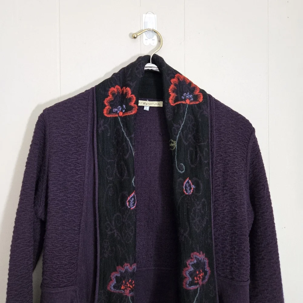 Simply Natural Fantasia Alpaca Blend Open Front Cardigan Shawl Collar Embroidery - Picture 3 of 12